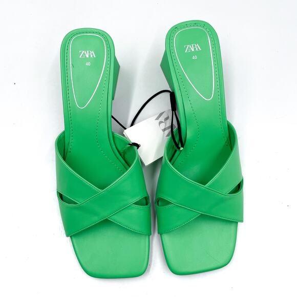 Zara‎ Sandals Green Criss Cross Mules Square Toe Block Heel Sz 40 / 9.5 - Picture 2 of 8